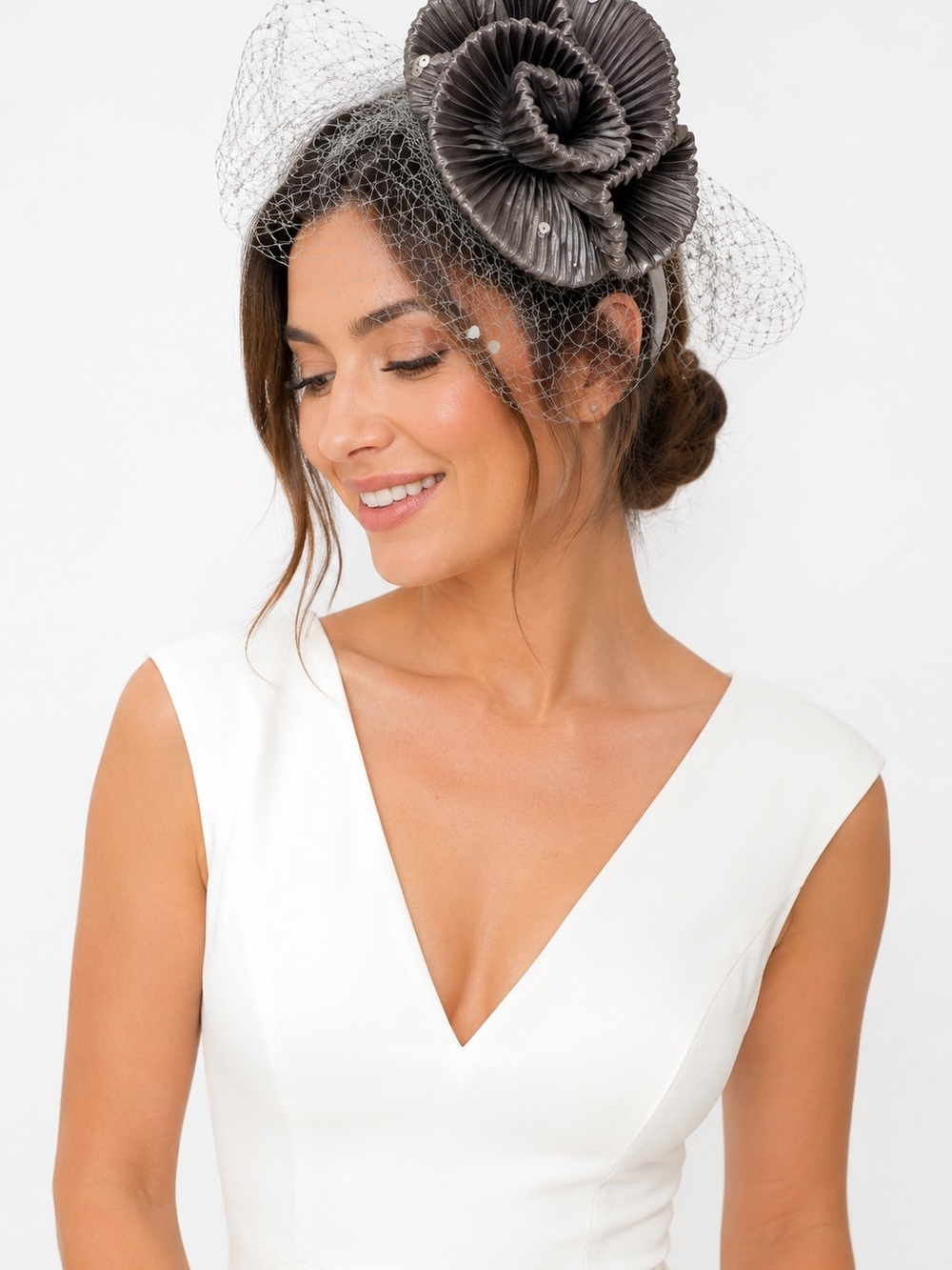 Bellissima Grey Pleated Satin Fascinator Headband with Birdcage Veil